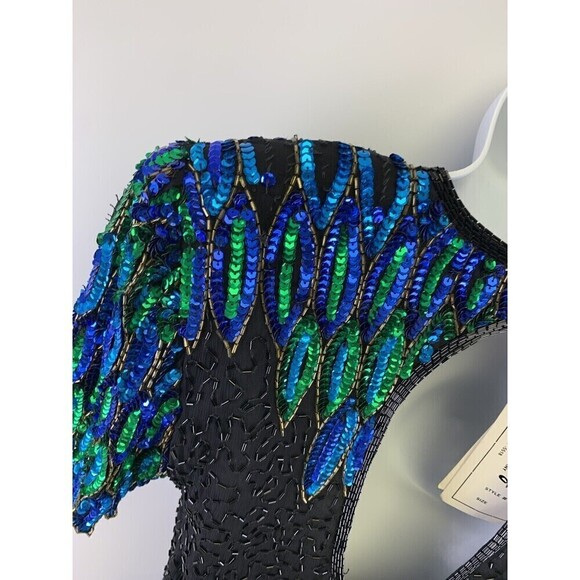 Stenay Silk Beaded Dress Sheath Short Sleeves Blue Black Peacock Feathers Size 6 - Picture 8 of 16